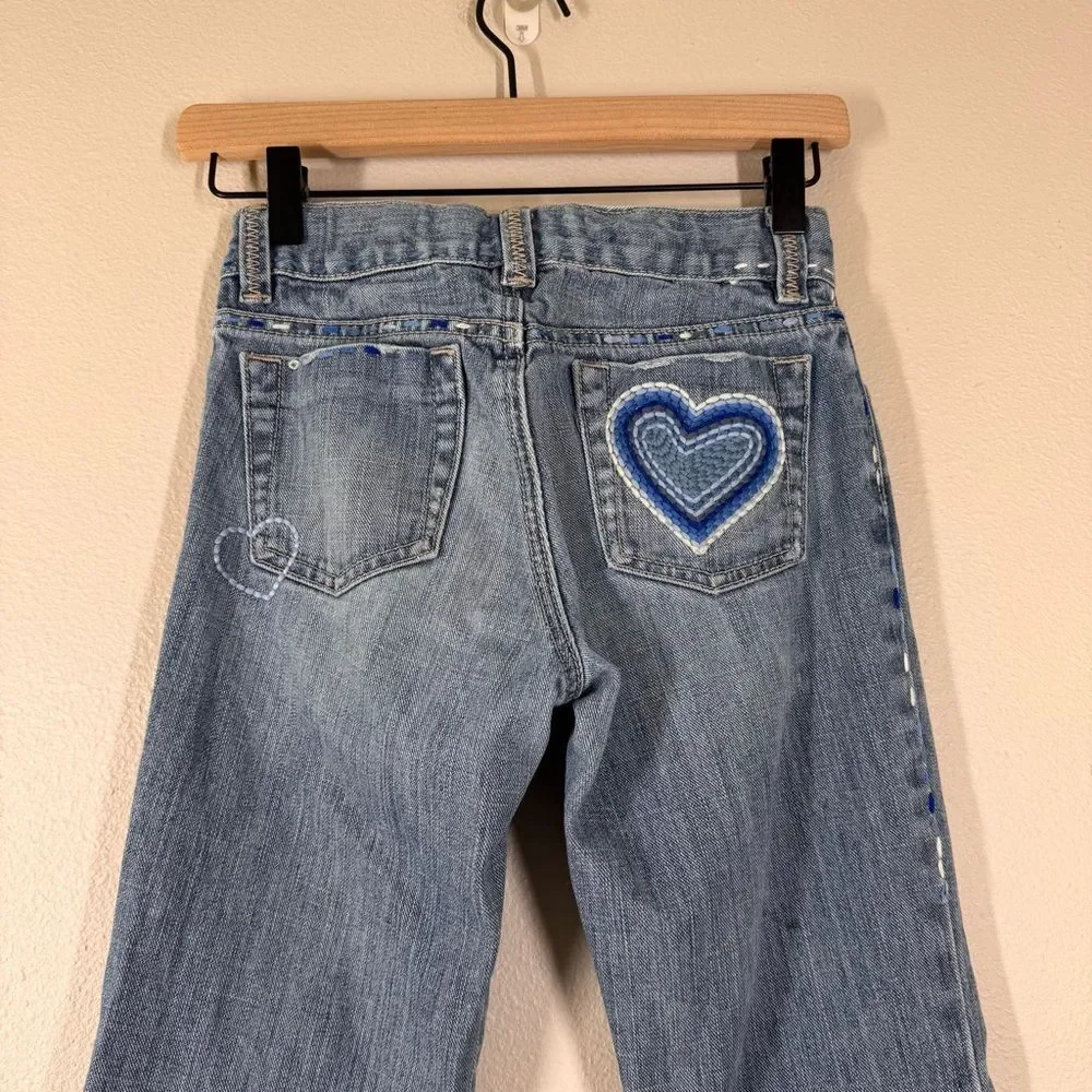 Gap Vintage Girls Y2K Flare Jeans Embroidered Heart Medium Wash Denim Size 12